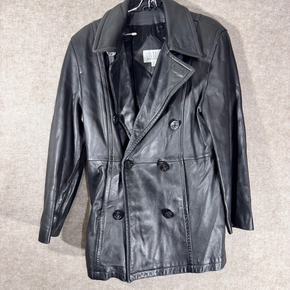 Vintage Valerie Stevens Leather Jacket Women M Black Lambskin Pea Coat Goth FLAW